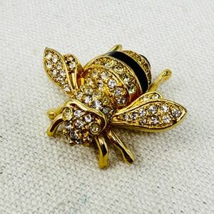 Bee‎ Brooch Pin Rhinestone Crystal Black Enamel Insect Bug Gold Tone